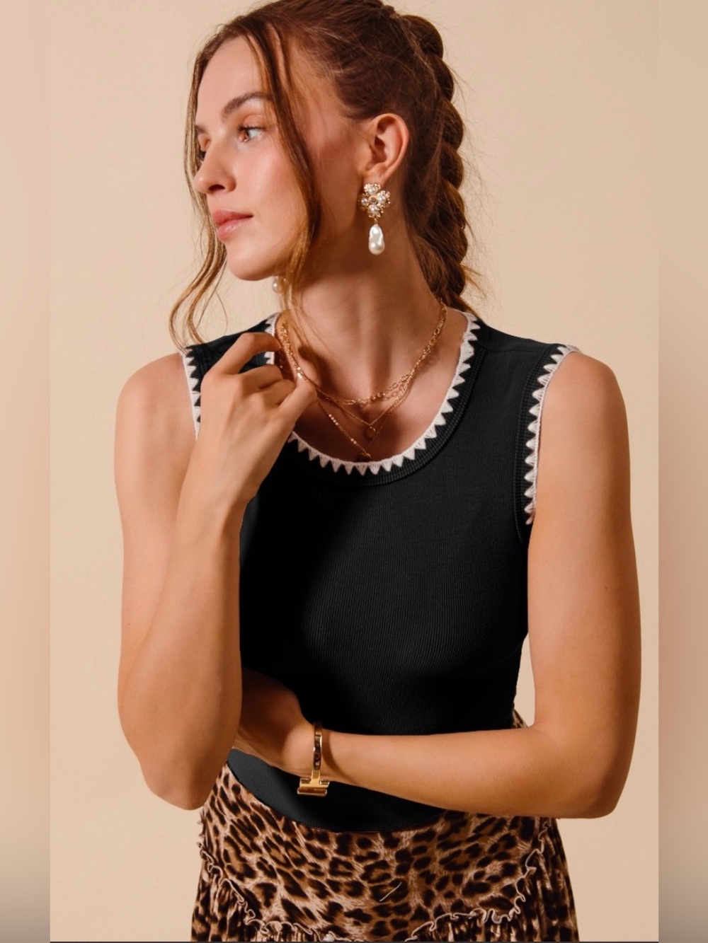 So Me Sleeveless Sweater Knit Black Ribbed Tank with White Trim